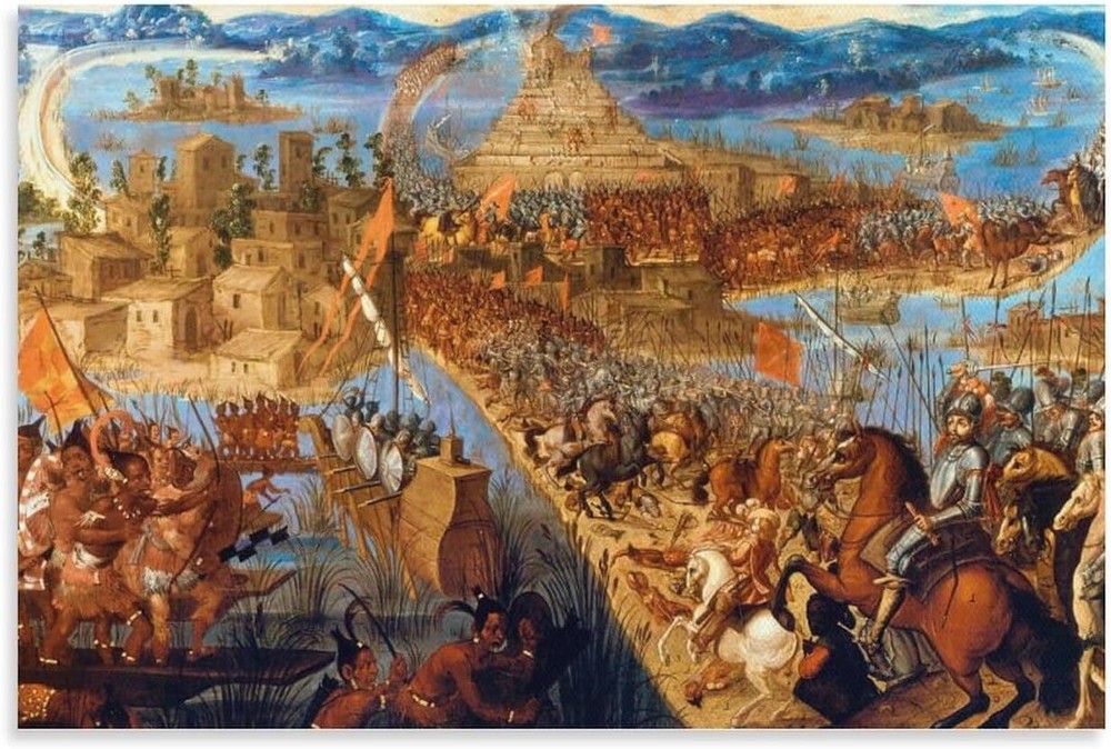 Hernán Cortes Conquest of The Aztec Empire - The Fall of Tenochtitlan Oil Poster