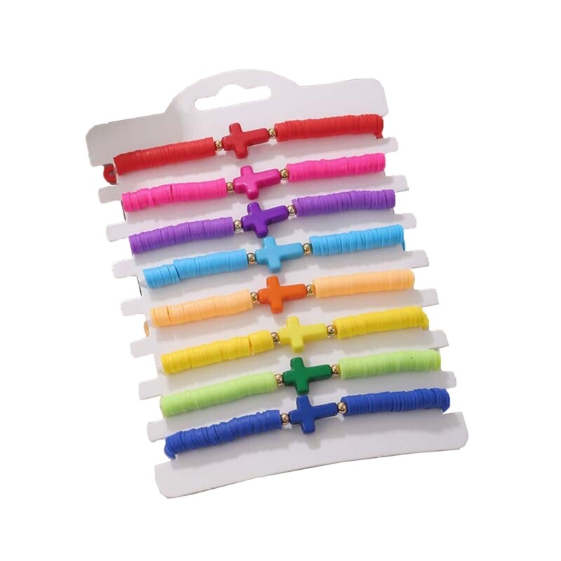 8-Piece Stretchy Soft Clay Cross Charm Bracelet Set for Women