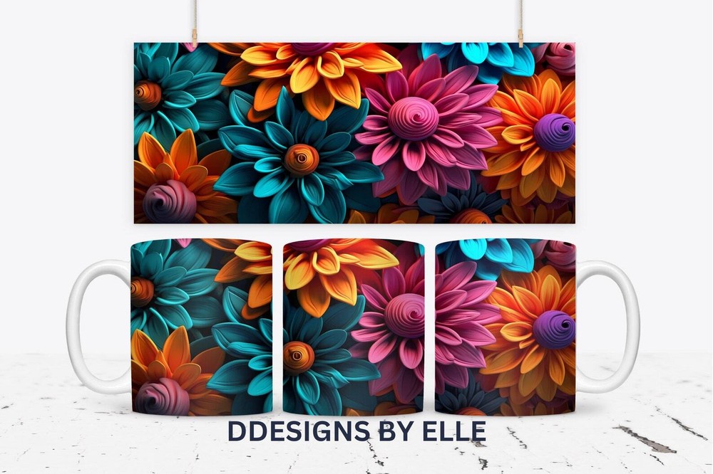 3d Colorful Flowers Mug Flower Mug 3d Mug Design 3d Floral Mug Png 11oz And 15oz
