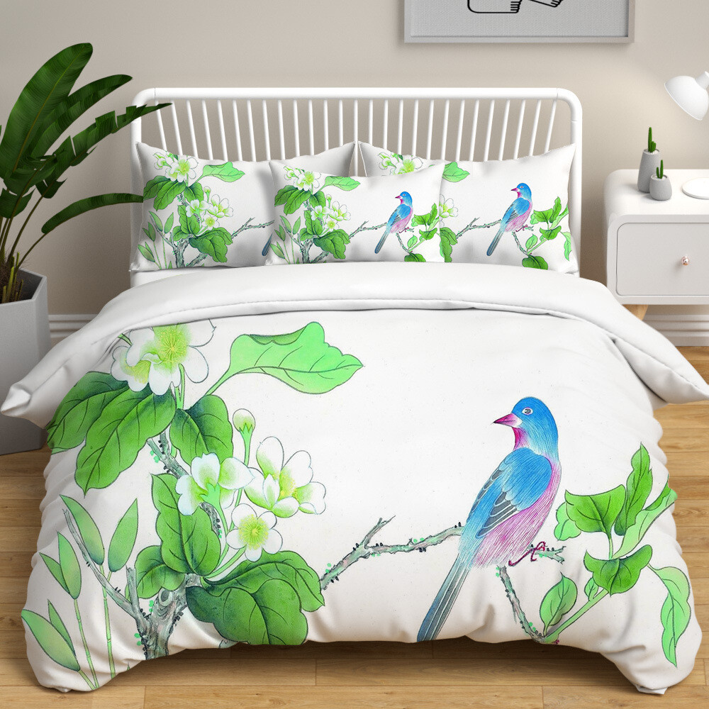 Chinese Painting Thrush Duvet Quilt Cover Full Queen Comfortable Bedding Set