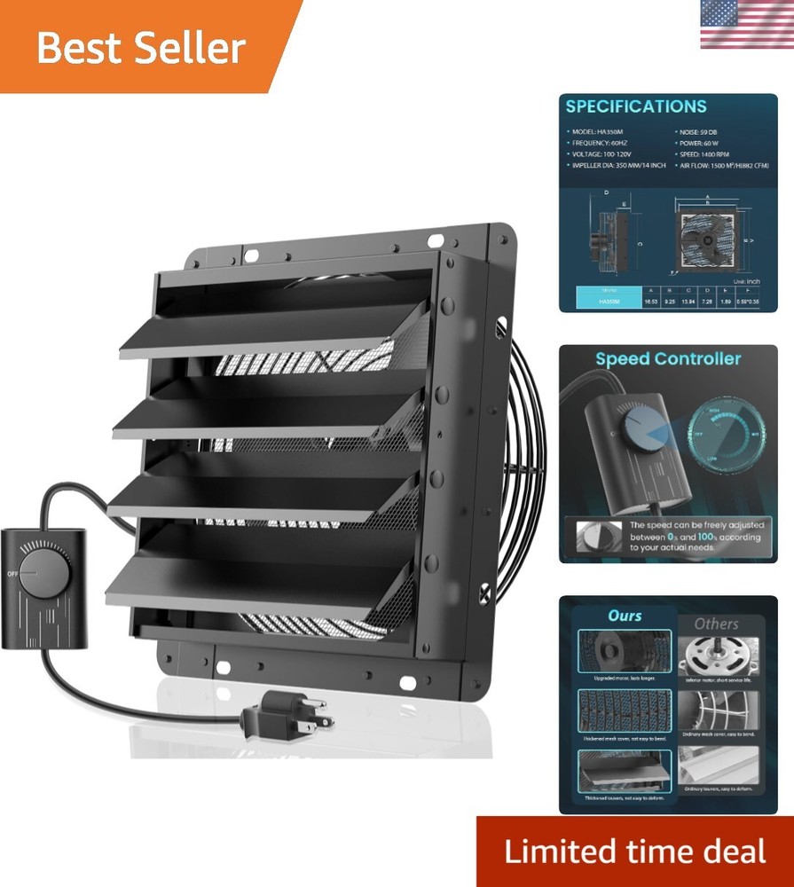 14-inch Steel Mesh Black Wall Mount Exhaust Fan with Speed Control