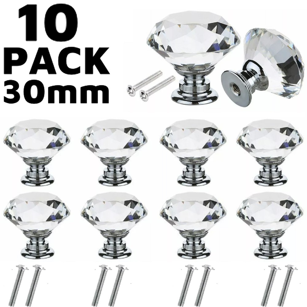 10X 30MM Diamond Crystal Glass Cabinet Knobs for Doors Drawers Kitchen Cupboards