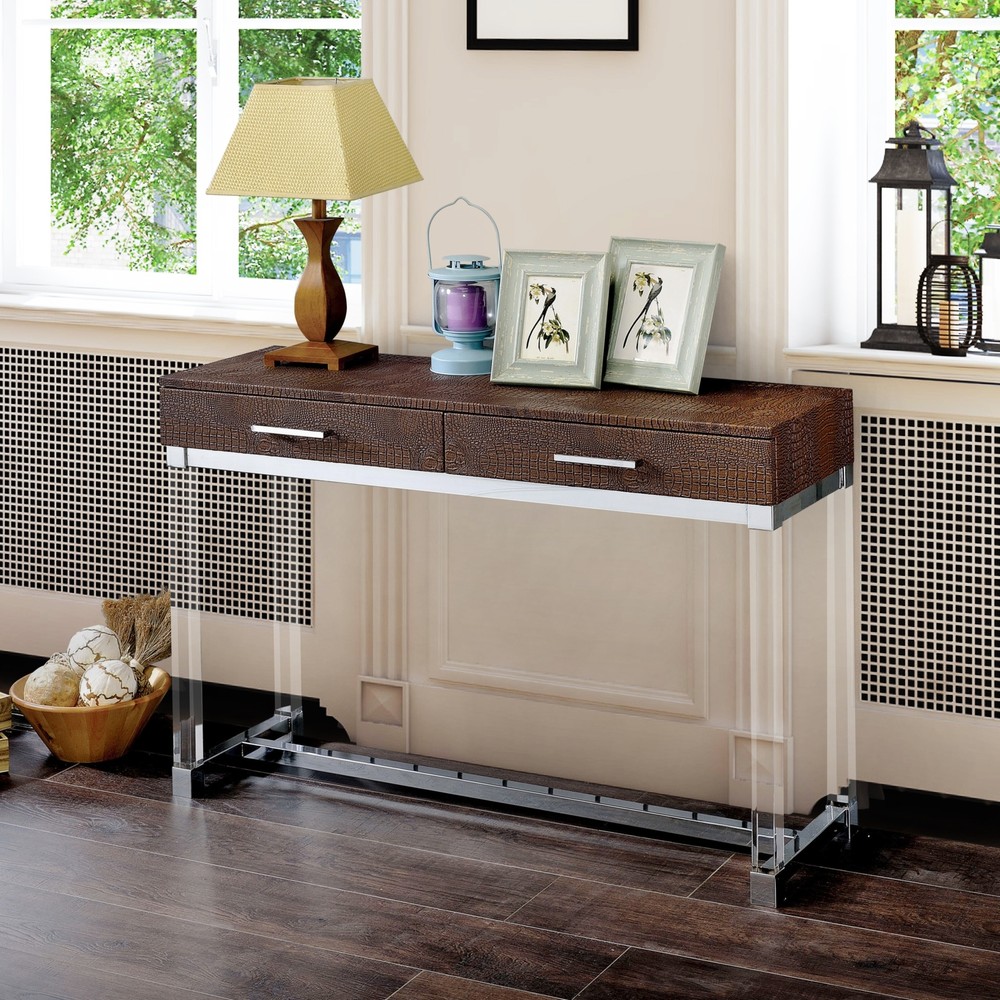 Jill Modern 43-inch Acrylic Crocodile 2-Drawer Sofa Table by Brown N/A