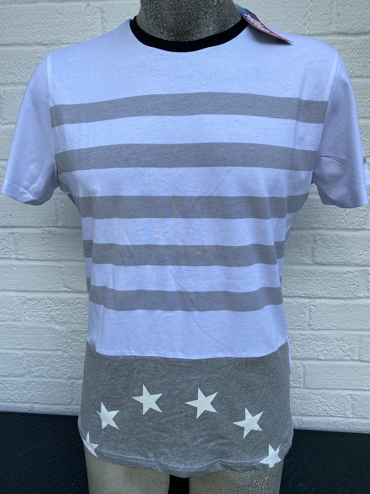HEIST MENS DESIGNER STARS & STRIPES WHITE GREY T SHIRT WAS £25 UK S NEW BUY NOW-image