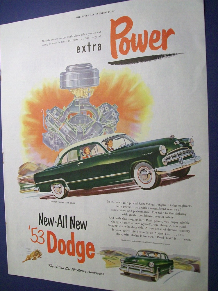 1953 Dodge Coronet Custom Coupe large-mag car ad -w/ Hemi V8 engine illustration