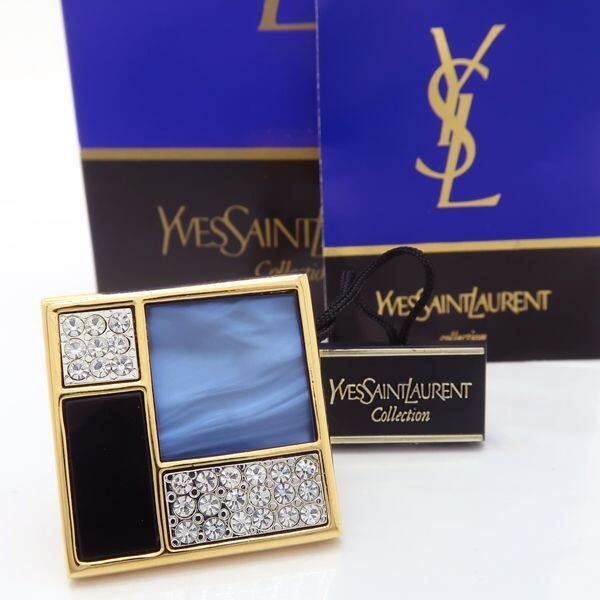 Yves Saint Laurent YSL Vintage Square Blue Black Rhinestone Brooch Pin with Original Box