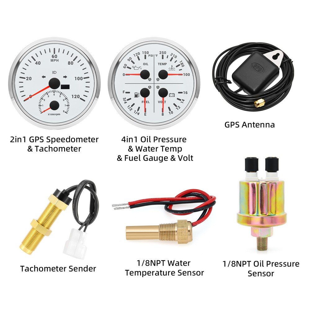 110mm GPS Speedometer & Tachometer 0-120MPH with 4-in-1 Gauge Set and Senders