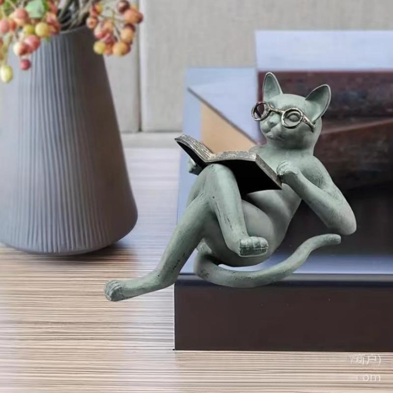 Figurine Animal Reading Cat Resin Multicolor Small Carved Modern Free Stand Deco