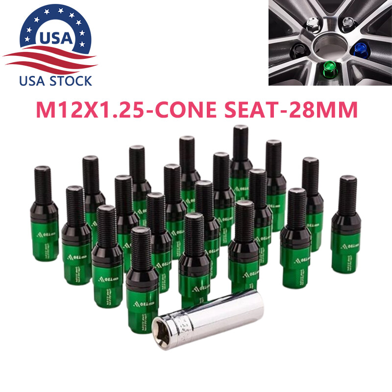 20PCS 28mm M12x1.25 Wheel Lug Bolts Cone Seat Studs Set for Jeep Chrysler Green