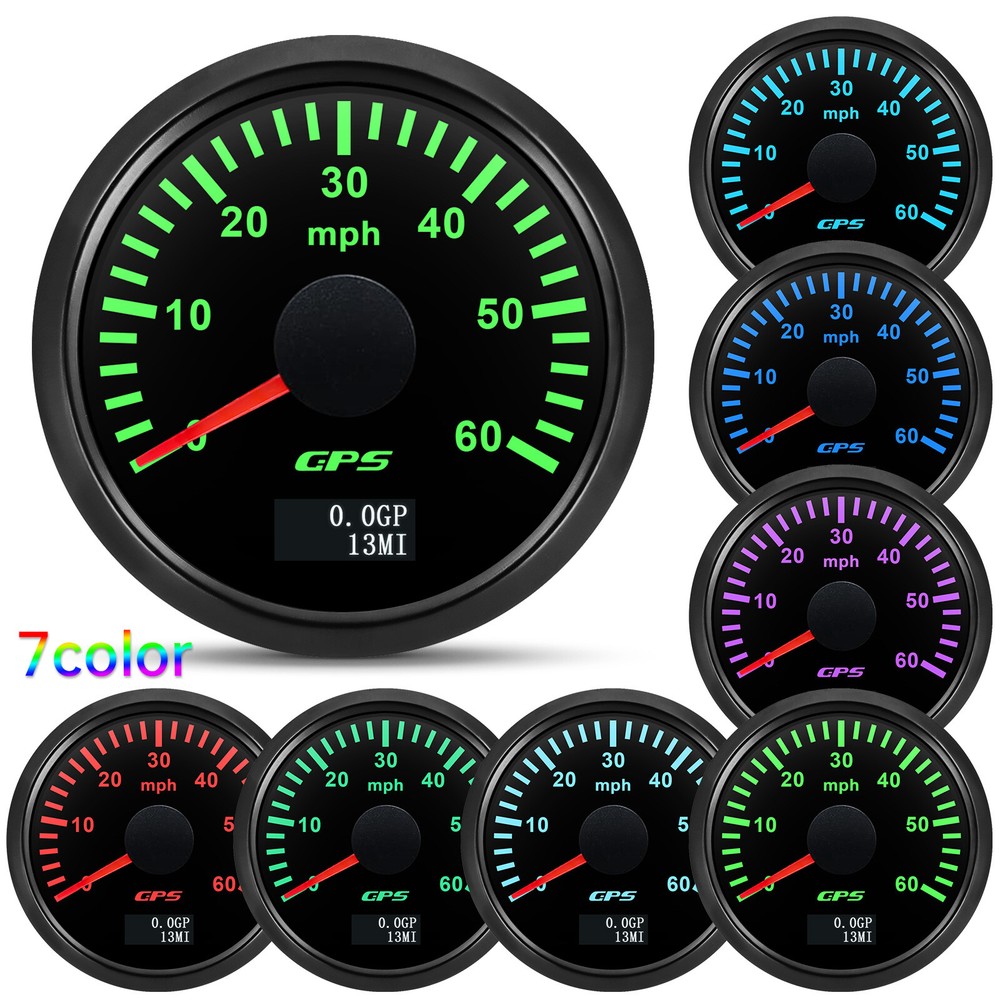 52mm Black GPS Speedometer Gauge 0-60MPH 7-Color LED for Motorcycle Boat Car