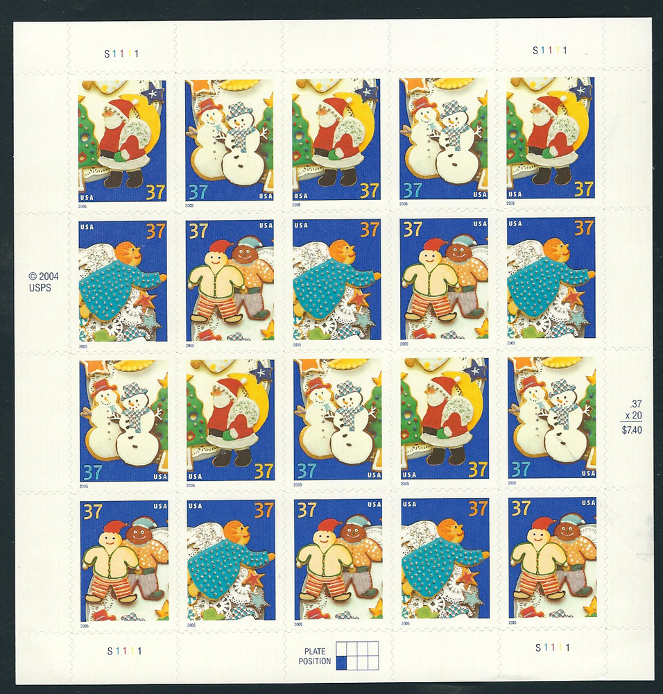 Scott 3949/52 37-Cent Christmas Cookies Pane of 20 Stamps
