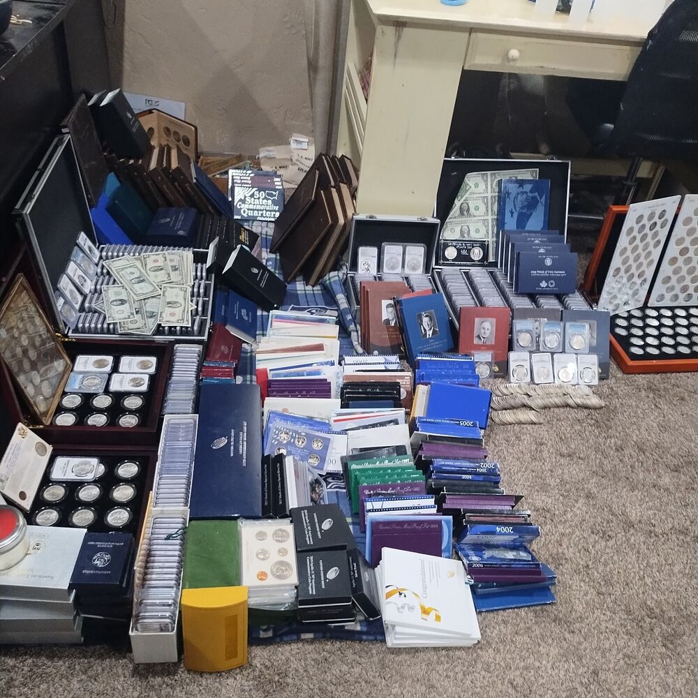 COIN GRAB BAG LOT OF OLD SILVER ---45 yr collection paper money--MORGAN--PEACE