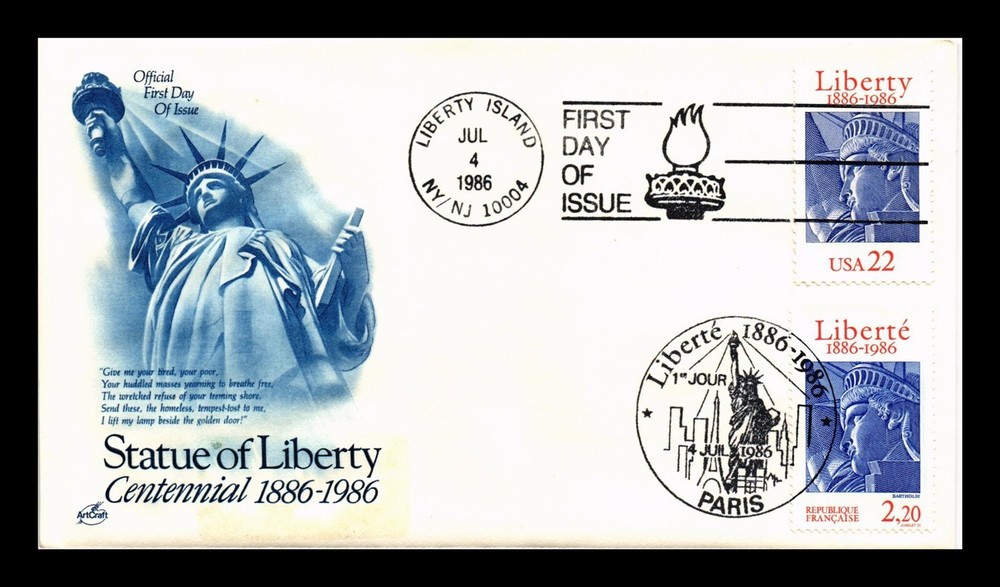 Dr Jim Stamps US France Joint First Day Issue Statue of Liberty ArtCraft Cover