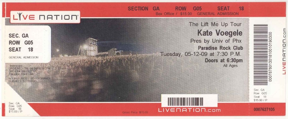 Kate Voegele 5/12/09 Boston Paradise Rock Club Big Live Nation Concert Ticket!