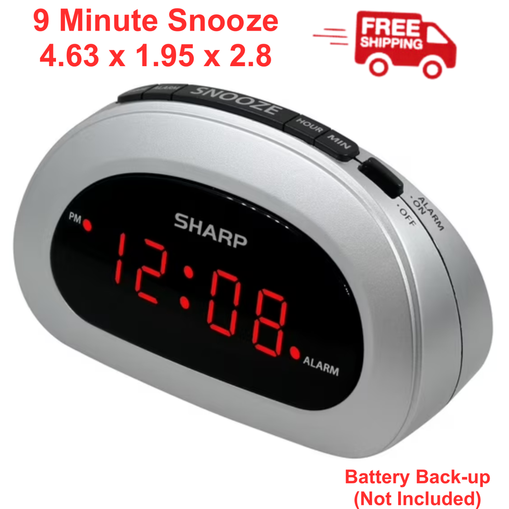 SHARP Digital Alarm Clock with Red LED Display in Cosmic Silver - Easy to Set Controls