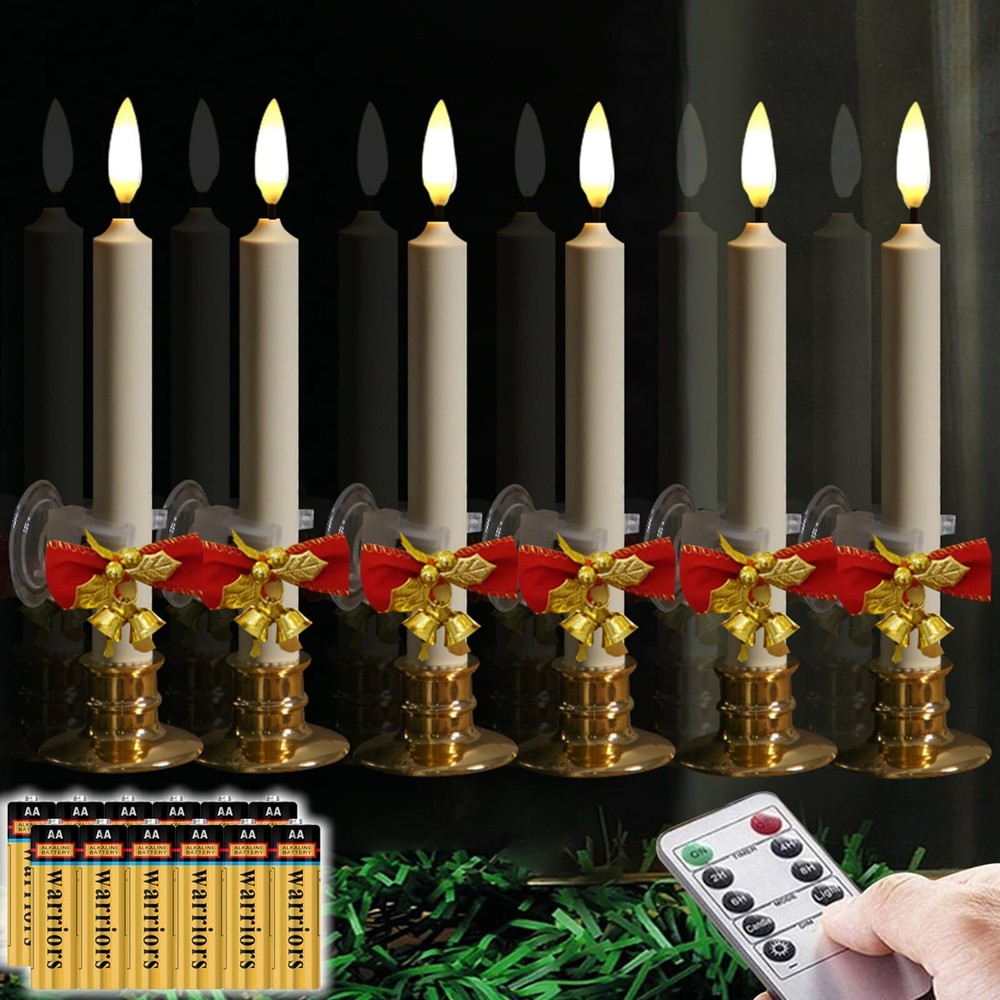 6 Pack Flameless 8.7'' Window Candles +12 AA Batteries(Include) +6 Red Bows(w...