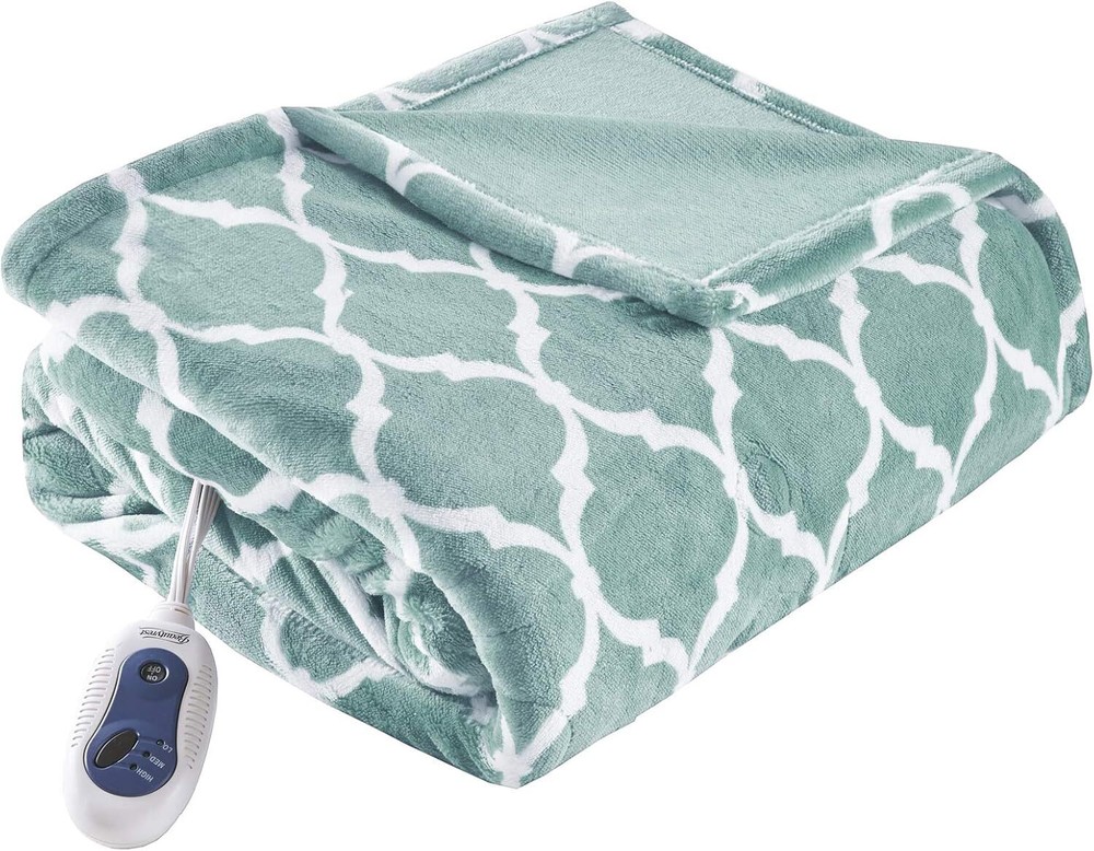 Beautyrest Ogee Printed Plush Electric Blanket for Cold Weather, Fast Heating