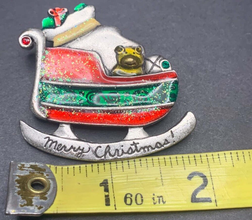 Vintage Merry Christmas Sleigh Santa Brooch Pin Green Red Silver