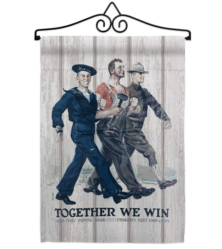 Together We Win Garden Flag Set Wall Hanger Armed Forces Navy USN Seabee Unit...