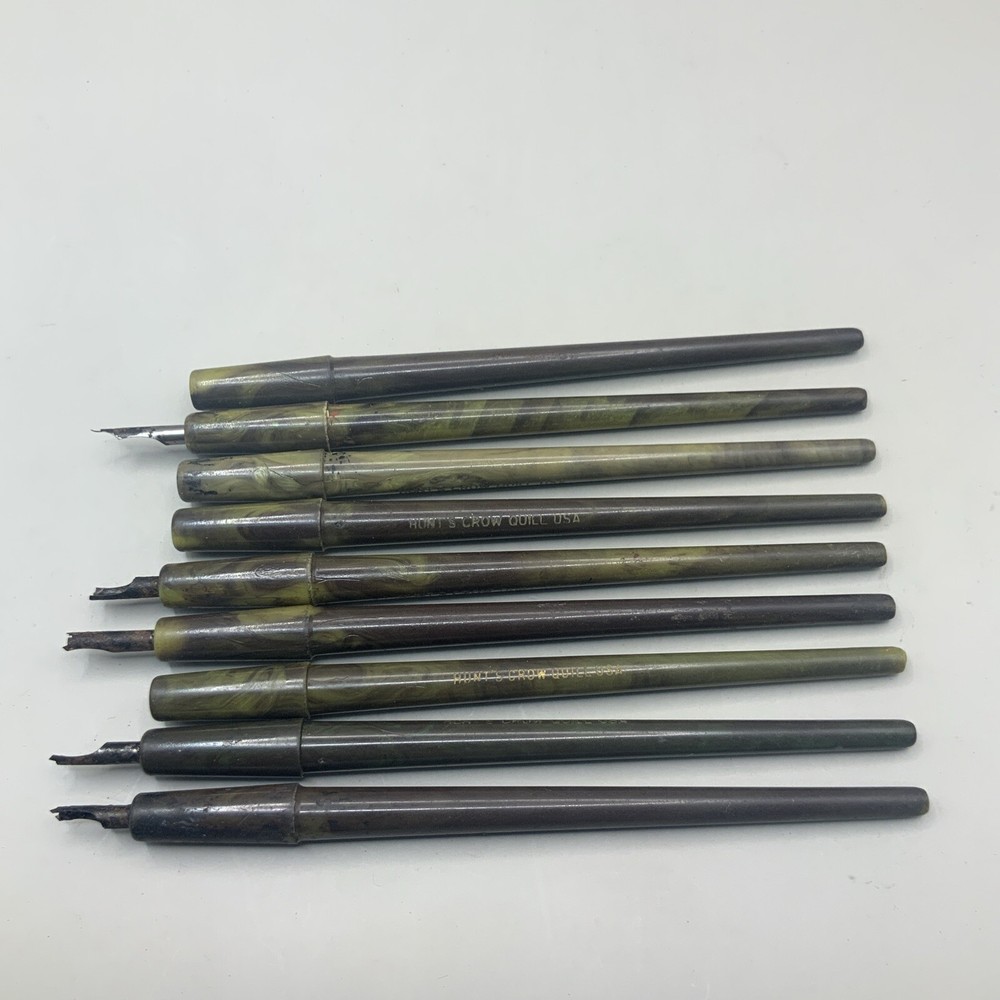 9 Vintage Hunt’s Crow Quill Green/Brown Swirl Dip Pen Nib Holders - c. 1950's