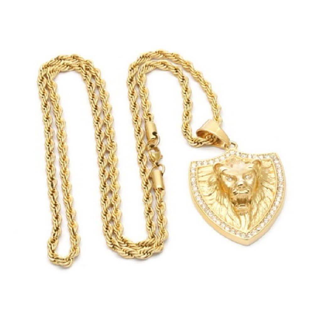 Men's 18k Gold Plated Stainless Steel and Simulated Diamonds Lion Pendant