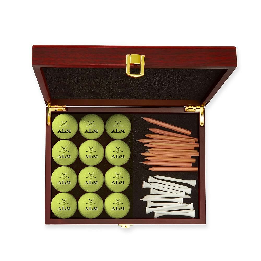 Monogrammed Golf Ball Gift Set in Wooden Case with Tees & Pencils-image