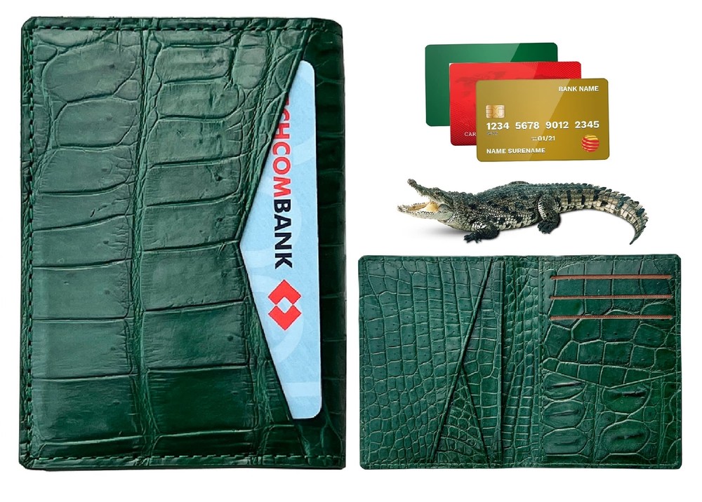 Green Slim Alligator Belly Leather Business Card Holder RFID Blocking Men Min...