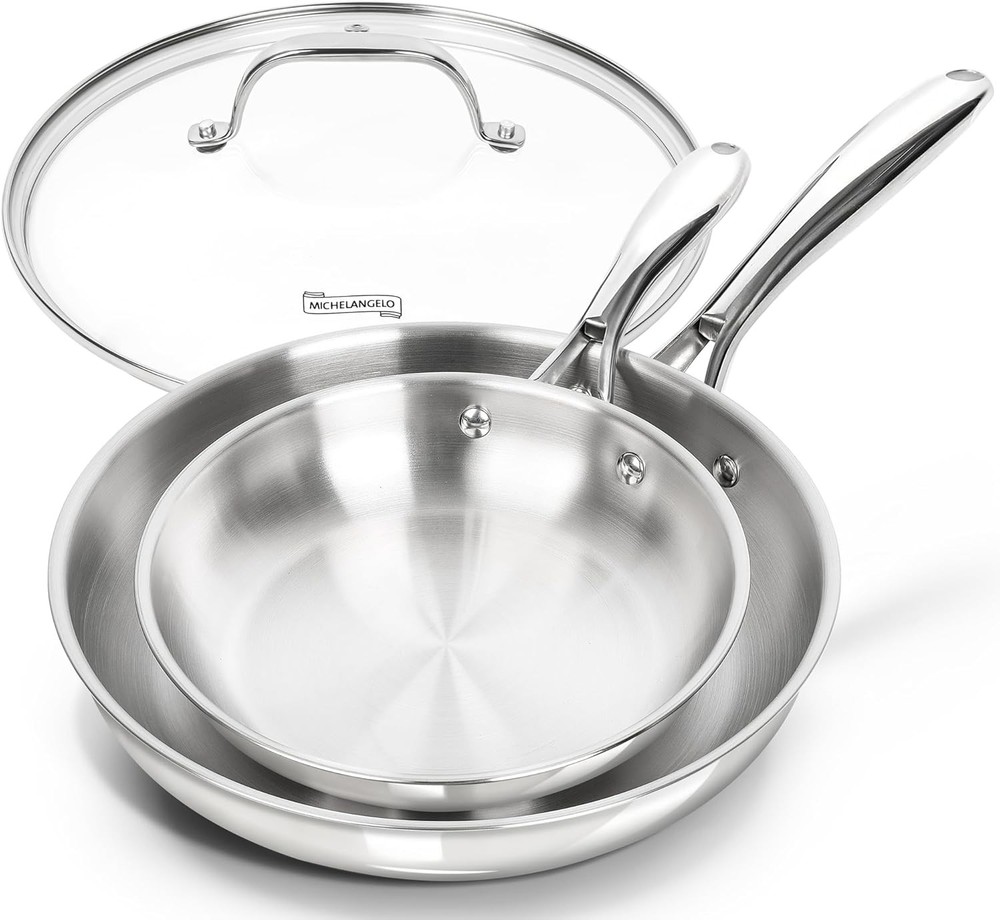 Stainless Steel Frying Pan Set by MICHELANGELO 8 10 Inch with Lid