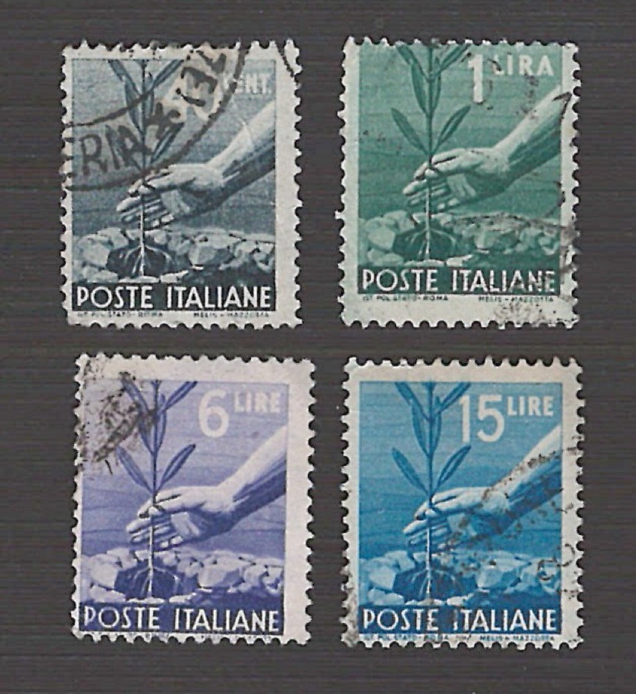 Italy 1945-47 Scott 466 468 472 473 Hand Planting Olive Tree Used Vintage Stamps
