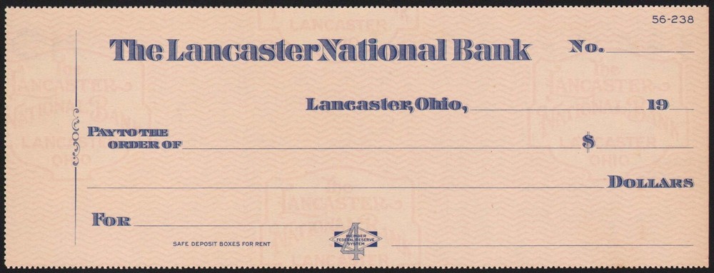 Vintage bank check THE LANCASTER NATIONAL BANK Lancaster Ohio unused n-mint
