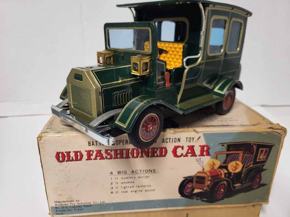 Vintage Working With Battery Japan Tin Litho Old Fashioned Car In Original Box
