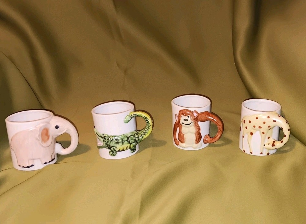Vintage 1970s Ceramic Animal Mugs Childrens 3d