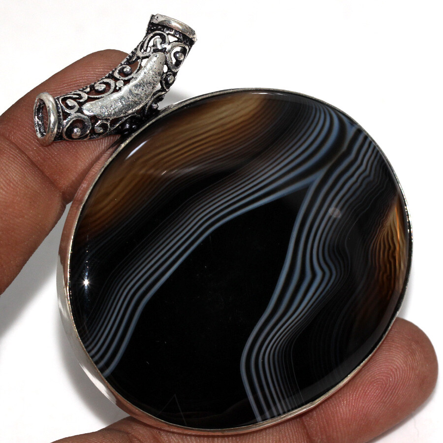 925 Silver Plated Banded Black Onyx Ethnic Round Pendant Jewelry Size 2.4