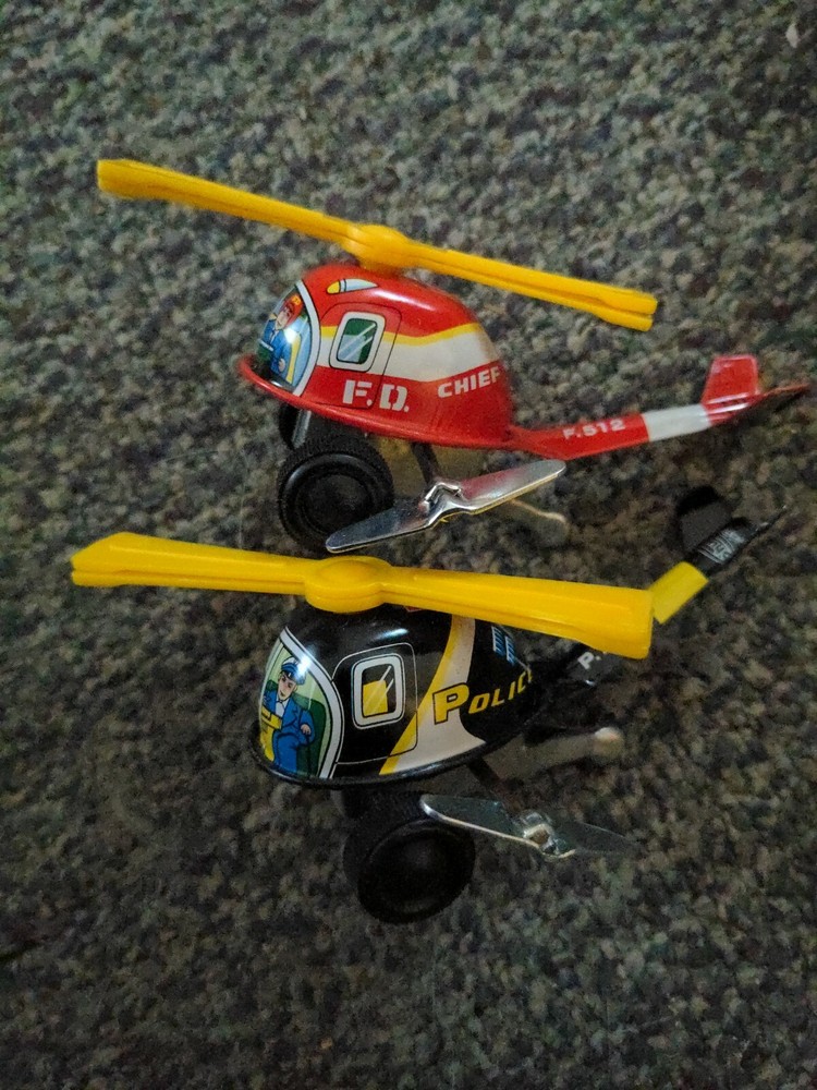 Vintage SHUDO Japan HELICOPTER Fire and Police Department Wind Up TIN LITHO Toy