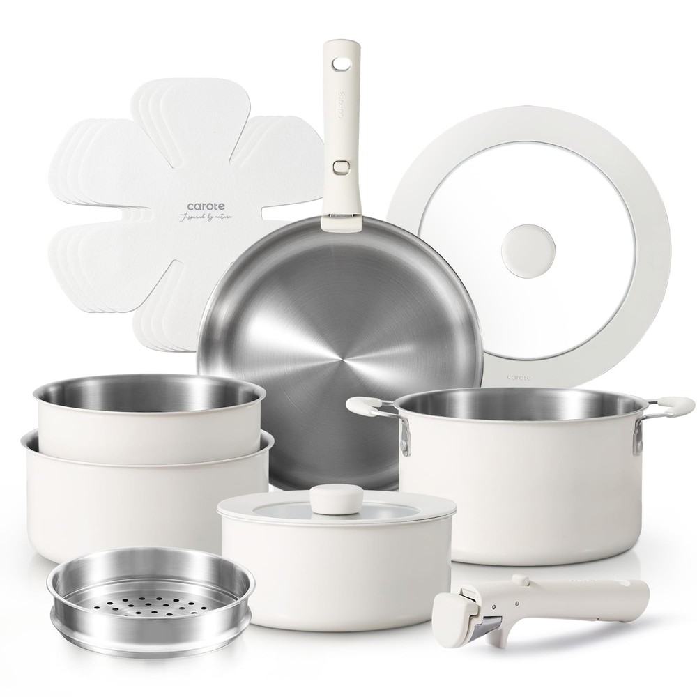 CAROTE 14-Piece Stainless Steel Cookware Set with Detachable Handles