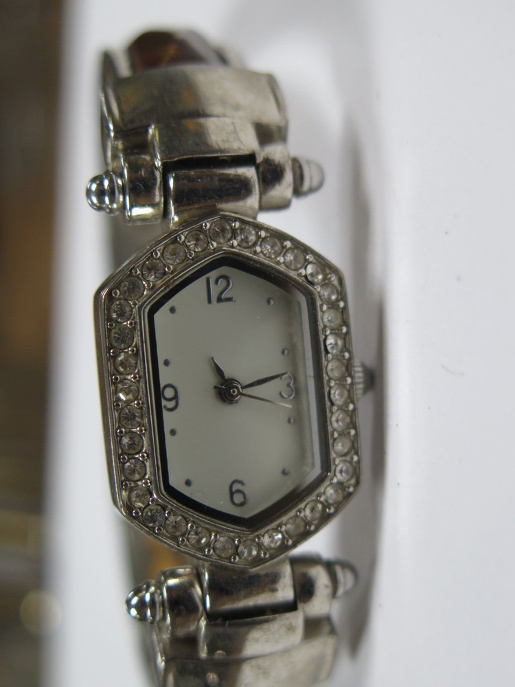 FSC Watch # F3241131 Silver Tone Gemmed Bezel Brown Inserts On Band PARTS REPAIR