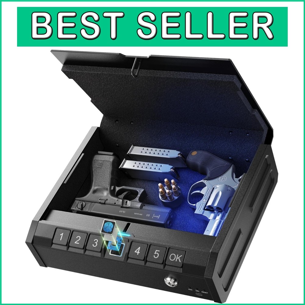 Biometric Fingerprint Pistol Safe with Emergency Power and Interior LED Light - Holds 2 Handguns  -image