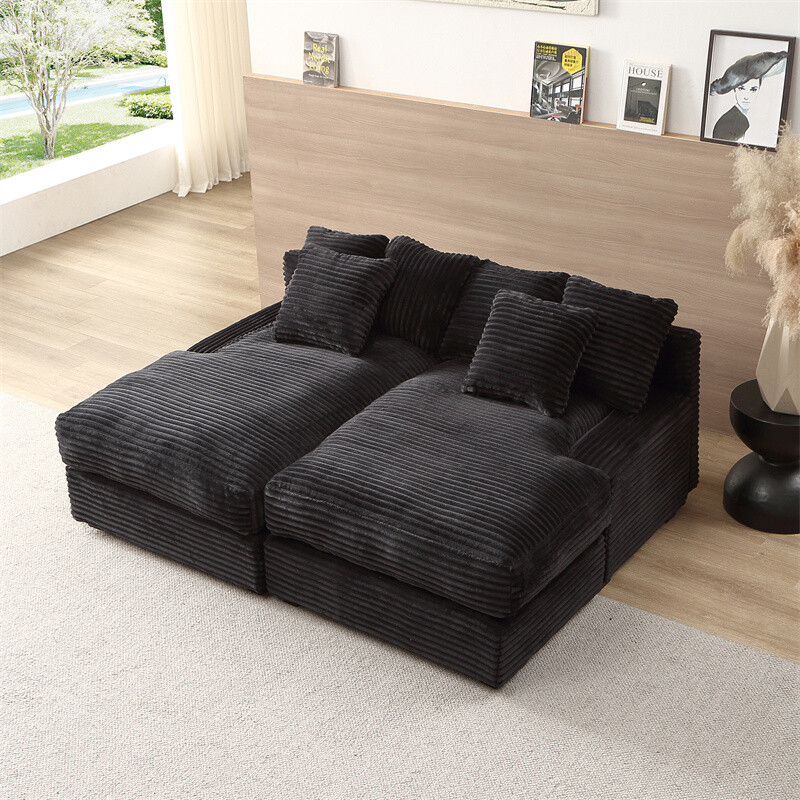 Modern Black Corduroy Double Sleeper Sofa Bed with Pillows - Daybed & Couch Combo