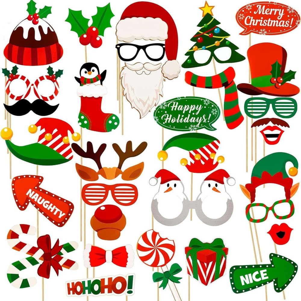 Christmas Photo Booth Props, 32 Pcs Selfie Prop Holiday Multi Color