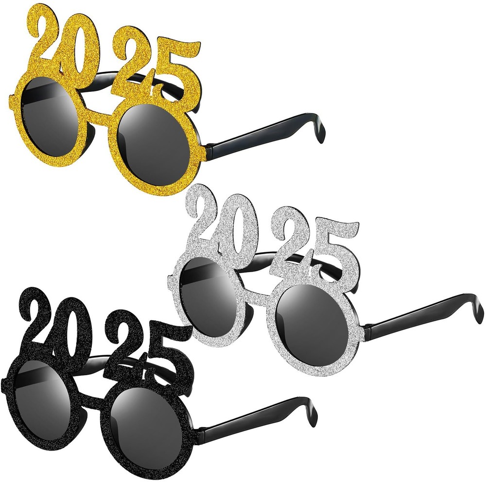 Flutesan 3 Pairs 2025 New Year Sunglasses Glitter 2025 Number Glasses Gold Si...