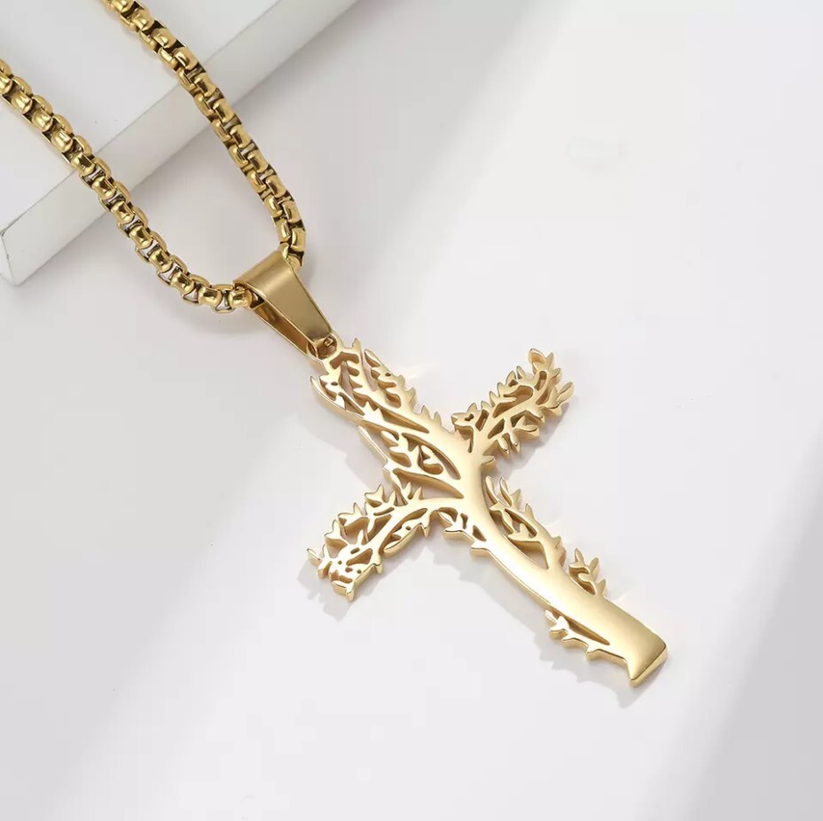 Tree of Life Cross Pendant Stainless Steel Gold Necklace, Great Gift Too!