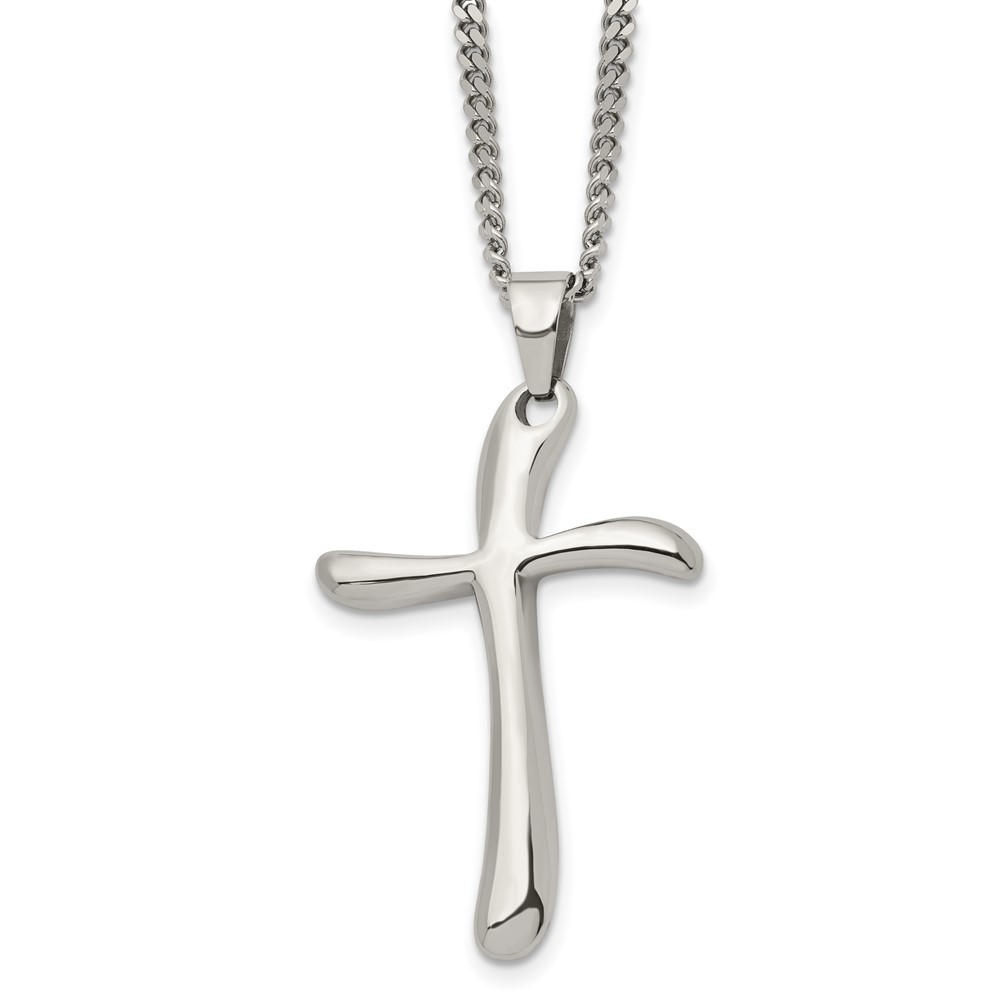 Stainless Steel Wavy Cross Pendant Necklace with Curb Chain 22 Inch 17.46g