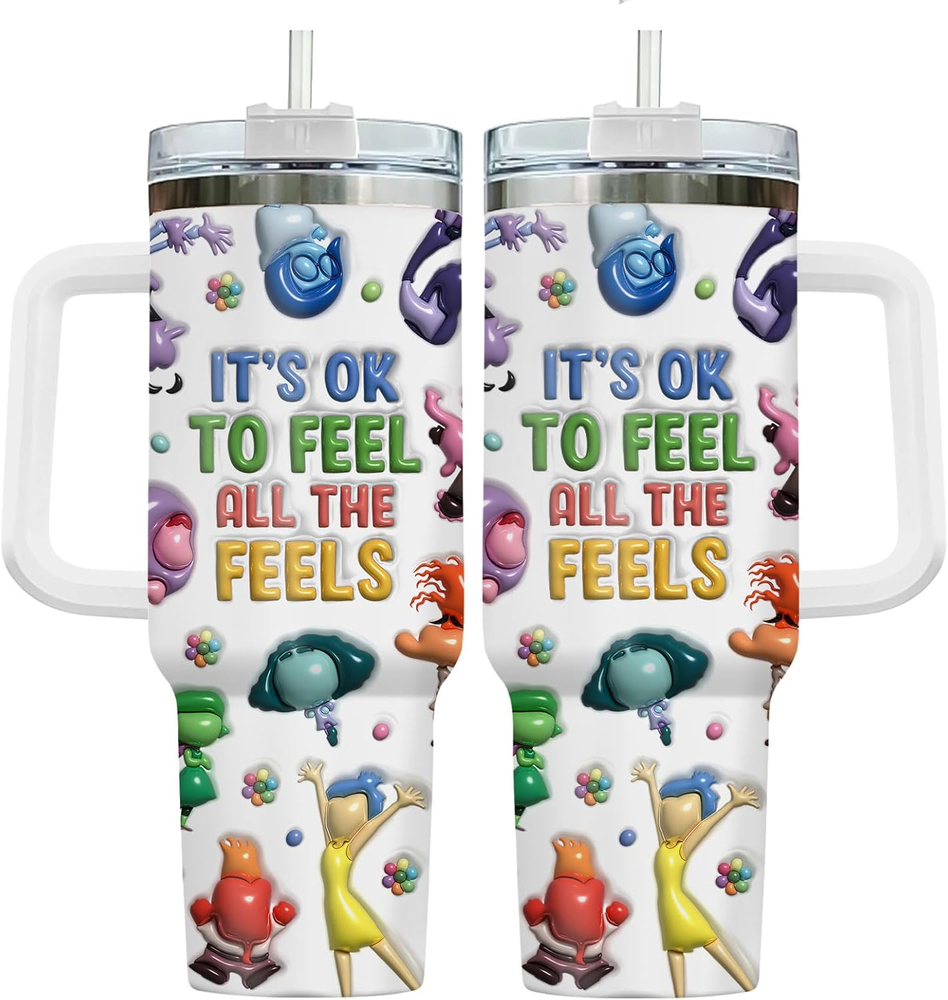 Cartoon Lovers Gift, Feel All the Feels Tumbler 40Oz Stainless Steel with Handle