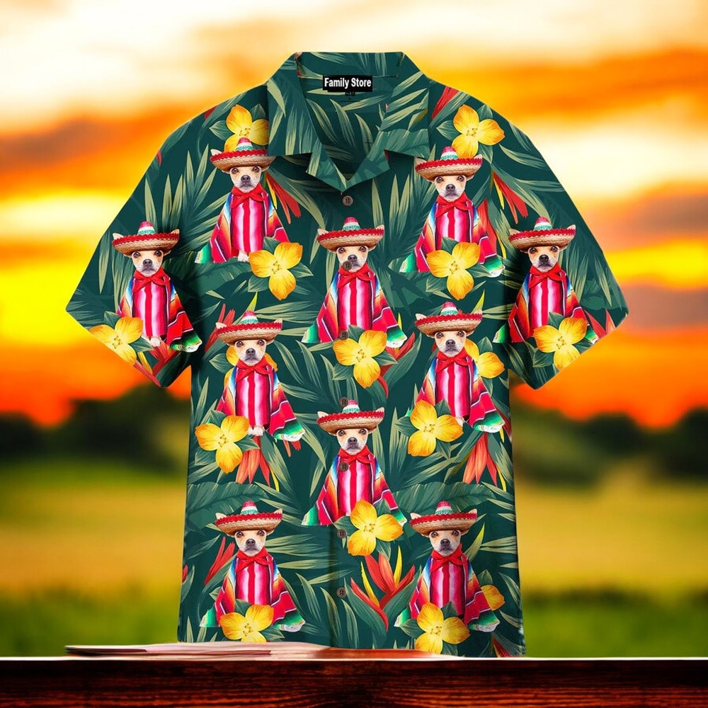 Mexican Chihuahua Tropical Leaf and Flower Hawaiian Shirt Design