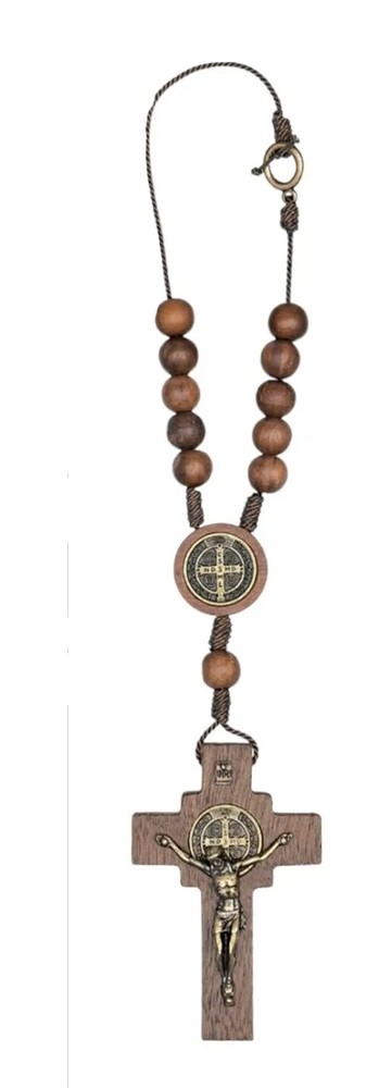 Car Auto Rosary Beads St Benedict brown Wood Catholic Cord Rear View Mirror Cruz