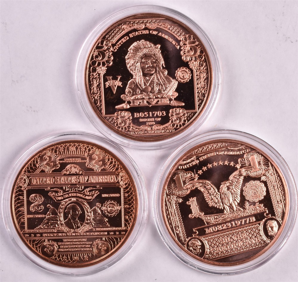 One AVDP Ounce Copper Rounds - Set Of 3 Art Bar Mint Black Eagle Indian Chief
