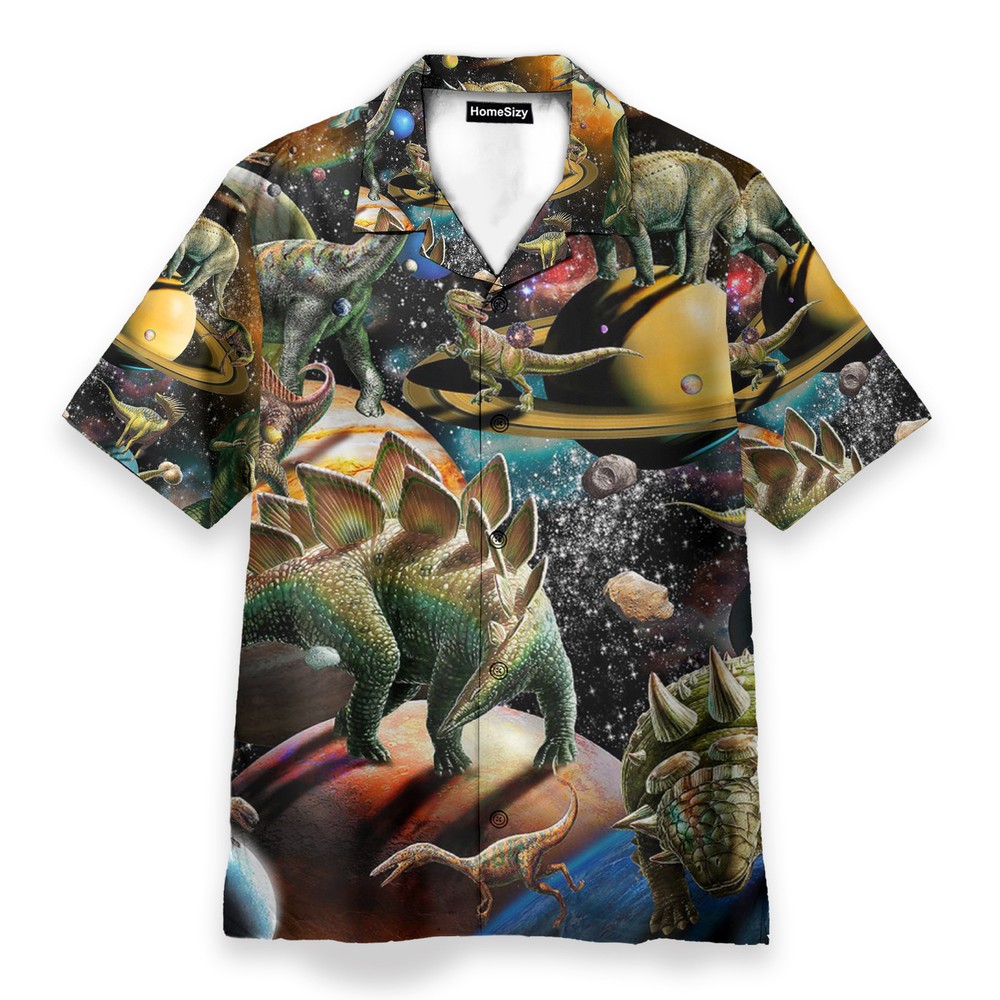 Dinosaur In The Space Mens Buttons Up Shirts   Hawaiian Shirt