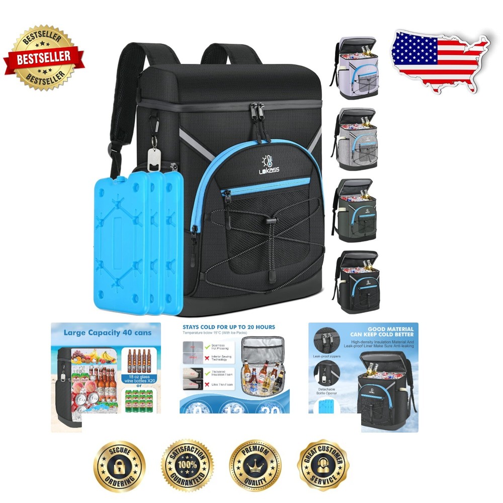 Insulated Backpack Cooler Holds 40 Cans - Waterproof with Ice Packs Included