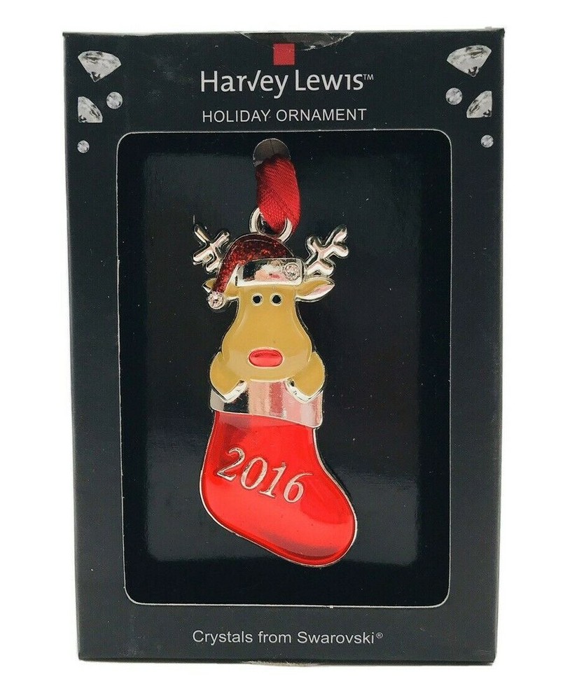 Harvey Lewis 2016 Mini Reindeer Ornament with Swarovski Crystal and Stocking Charm