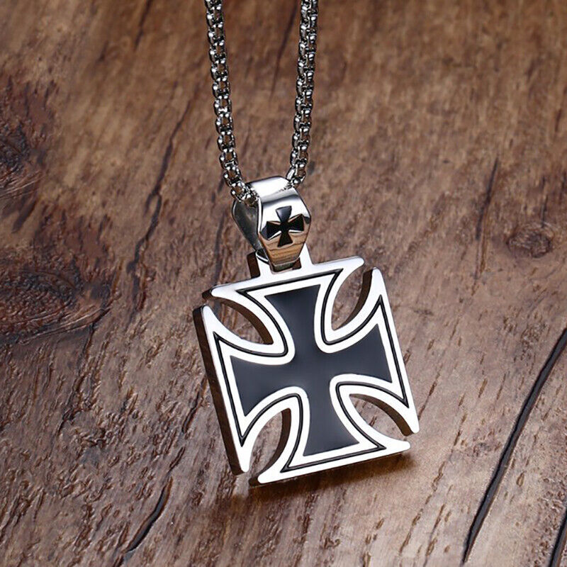 Large Iron Cross Necklace for Mens Stainless Steel Pendant Rolo Chain Black